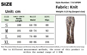 Size chart showing S-XL measurements for printed slim fit stretch flared leg trousers