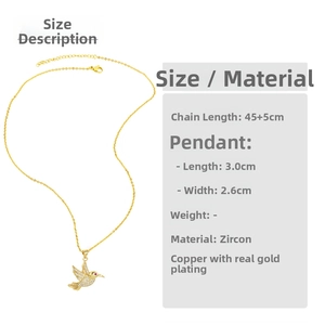 Detailed sizing chart for hummingbird pendant necklace with zircon and gold plating