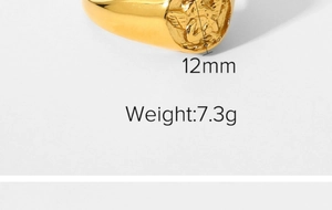 Detail of 18k gold plated angel ring featuring a 12mm face width and 7.3g weight