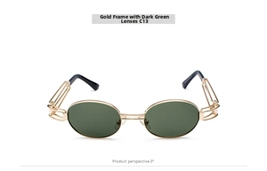 Detail view of gold steampunk sunglasses C13 with dark green lenses and hollow temples