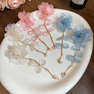 Acrylic floral tassel earrings with silver needles and pearls in three vibrant colors