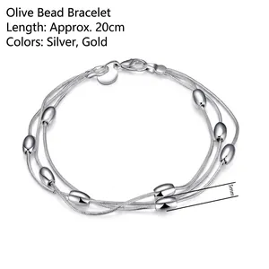 Three-strand silver-plated snake chain bracelet with 5mm olive beads, 20cm length