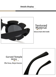 Close-up of black flower-shaped frame and curved temples on trendy sunglasses