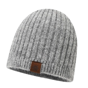 Winter rib-knit grey beanie with wool blend texture and snowflake faux leather patch