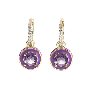 Gold hoop earrings with purple enamel, crystal stud and paved small diamonds