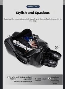 Detail of travel bag showing 14-inch laptop compartment and dry-wet separation pocket