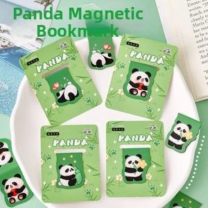 Close-up of panda magnetic bookmarks on green card packaging with bamboo theme