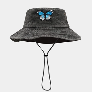 Bob en coton lavé avec broderie papillon et cordon de serrage réglable pour l'extérieur