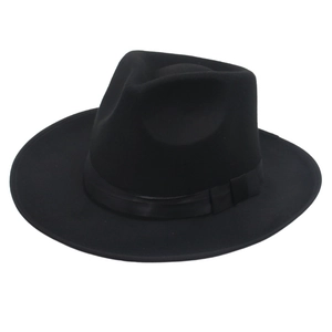 Detailed view of black wool fedora hat with satin ribbon and classic bow decoration