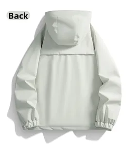 Back view of a hooded outdoor jacket with breathable rain flap and elastic cuffs