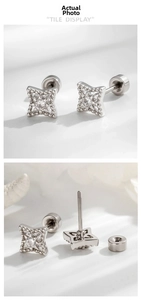 Detail of rhombic geometric stud earrings with sparkling zircon and screw back closure