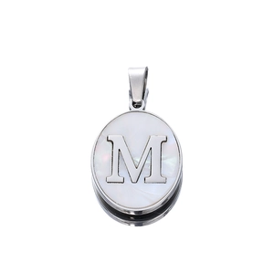 Detail of 22mm stainless steel oval pendant with mother of pearl inlay and letter M