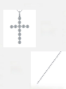 Detail of S925 sterling silver cross pendant necklace with VVS1 D-color moissanite stones
