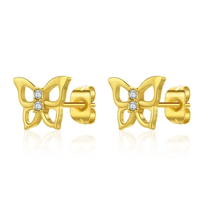 Elegant gold butterfly stud earrings with sparkling clear cubic zirconia on white background