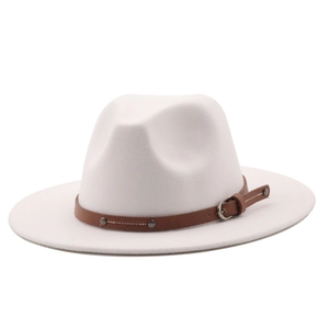 Detailed view of white felt fedora hat featuring a brown leather belt with silver buckle