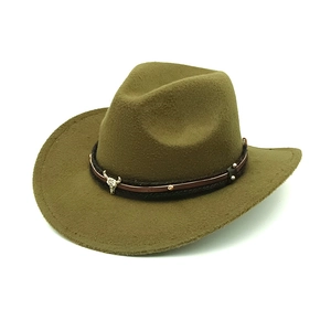 Detail of olive green felt cowboy hat featuring a silver metal bull skull charm and leather band