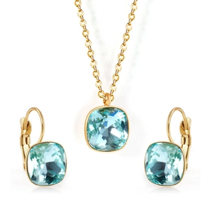 Detail view of square aquamarine zircon pendant and earrings in gold-plated stainless steel