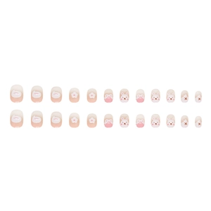 Set of 24 cute rabbit and flower press-on nails for kids in pink gradient short round style