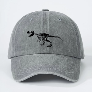 Vintage washed grey baseball cap featuring a black dinosaur skeleton print for unisex