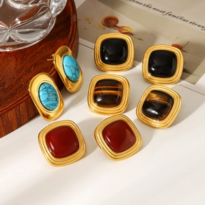 French vintage 18k gold plated earrings set with tiger eye and turquoise stones