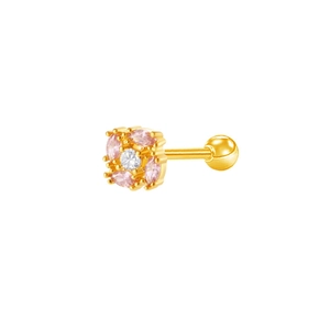 Macro view of gold flower cartilage stud with pink marquise zircon and screw back