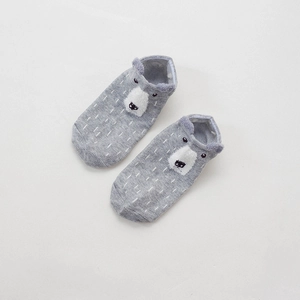 Detail of grey low-cut cotton socks featuring 3D cartoon bear ears and animal face