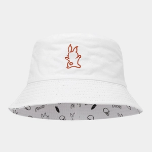Detail of white cotton bucket hat featuring orange rabbit embroidery and graffiti brim