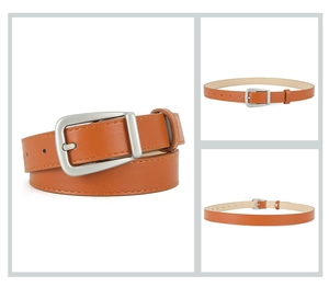 Macro detail of brown PU leather belt with silver buckle and fine stitching craft
