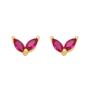 Elegant gold earrings featuring marquise-cut red zircon stones in a V-shaped leaf design
