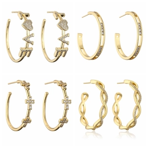C-Shaped Hoop Earrings For Women Copper Zircon Inlaid LOVE Letter Cross Pattern Twisted Geometric Retro Jewelry