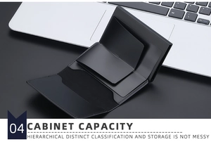 Detailed macro view of an open black minimalist RFID card wallet on an office desk