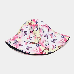 Pink and yellow tie-dye bucket hat with butterfly print for women's summer sun protection