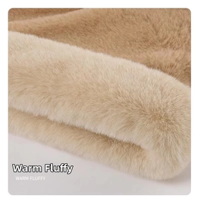 Close-up of thick plush faux fur material in camel and cream for winter scarves