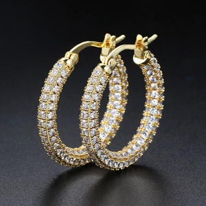 Hip Hop Style Copper Hoop Earrings For Women Pave Rhinestone Geometric Round Earrings Luxury Gold Silver Jewelry
