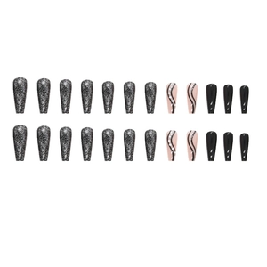 Black glitter long coffin press-on nails with silver gradients and pearl accents
