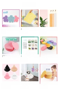 Detailed grid view of assorted wood pulp sponge shapes including heart and round facial pads