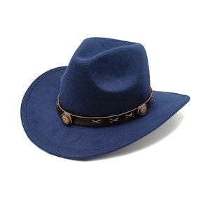 Chapeau de cowboy classique en feutre de laine bleu foncé avec ruban en cuir et boucle