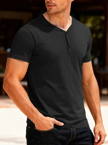 Close-up of black men's Henley shirt featuring a V-neckline with three-button placket detail