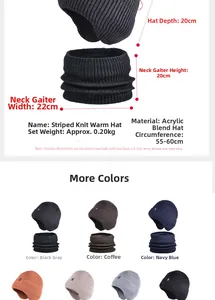 Detailed size specifications for knitted beanie and neck warmer set in multiple colors