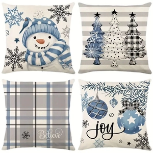 Lot de 4 housses de coussin de Noël avec bonhomme de neige et sapin en bleu et blanc