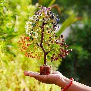Hand holding a colorful crystal money tree with natural gemstones and solid wooden base