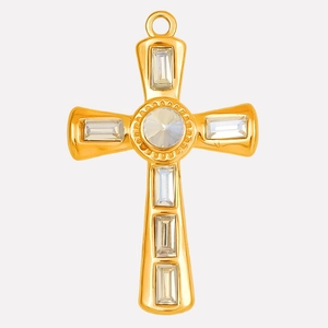 Detail of 304 stainless steel cross pendant with inlaid clear rectangular crystals