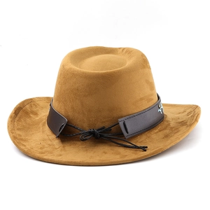 Detail of suede cowboy hat with brown leather band and intricate braided ribbon knot