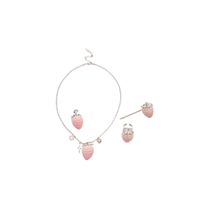 Pink strawberry jewelry set with silver beaded necklace ring and hair clip for women