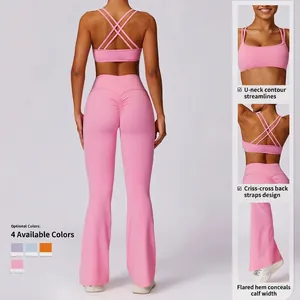 Women's quick-dry yoga set with cross-back sports bra and high-waist flared pants