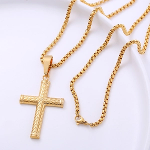 Vintage 18K gold plated stainless steel cross pendant necklace with box chain