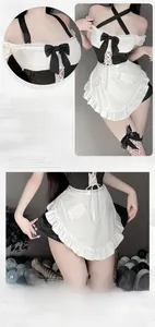 Detail of maid cosplay costume showing black neck ties and white ruffled apron design