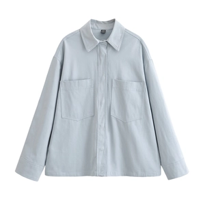 Women Long Sleeve Blouse Twill Fabric Solid Color Chest Pockets Lapel Button Down Casual Loose Shirt Jacket