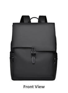 Front view of black minimalist backpack with matte finish and buckle closure