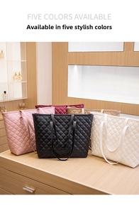 Detailed display of quilted tote bags available in five elegant colors on wooden stand